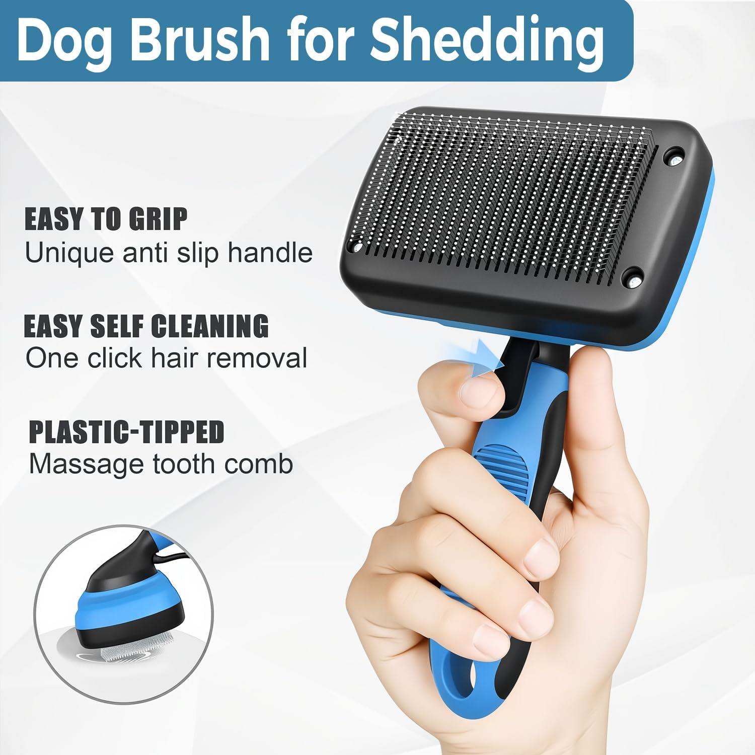 Dog Brush for Shedding | 3PCS Dog Grooming Brush Kit Including Double-Sided Dematting Comb | Self-Cleaning | Bath Brush | Suitable for Long & Short Haired Dogs | Cats(Blue) image number 4