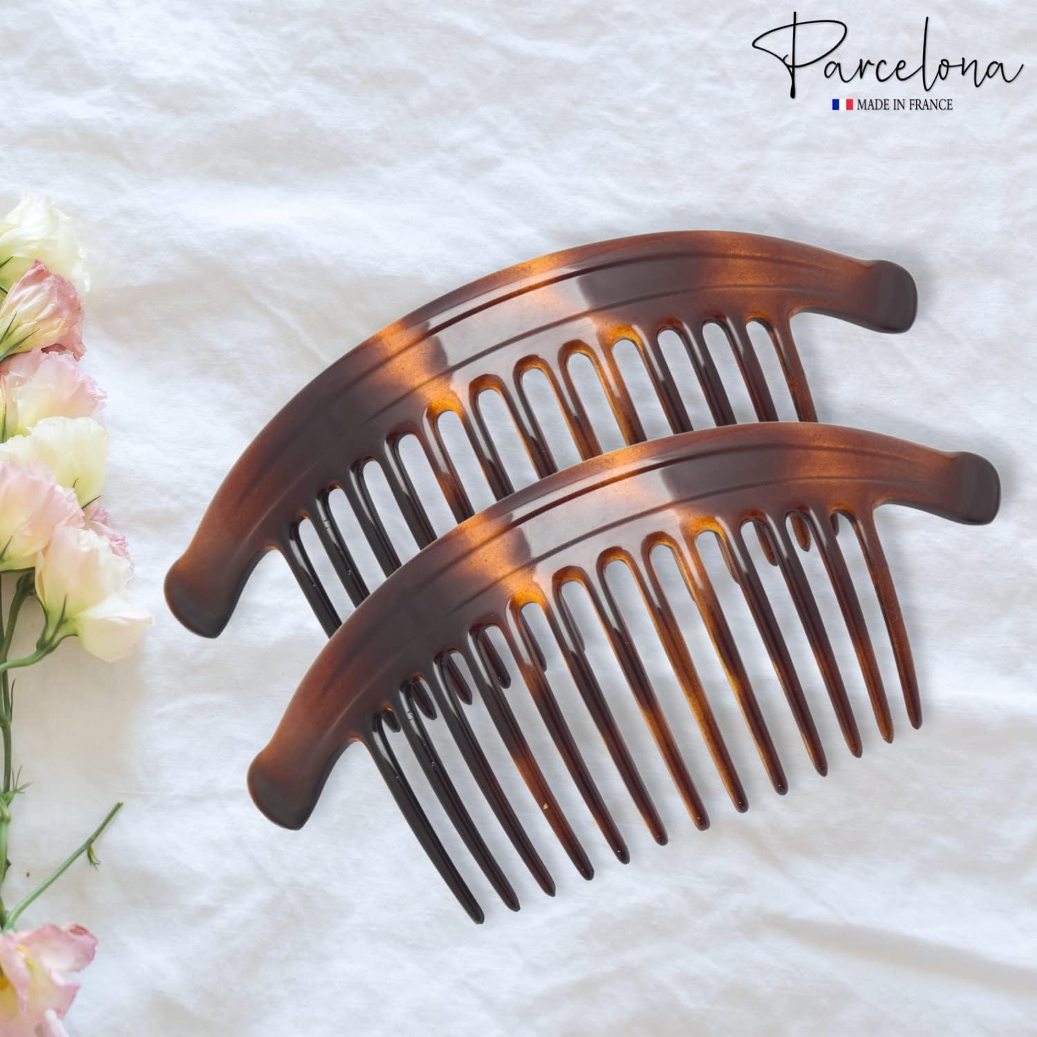 Parcelona France Arch Extra Large Tortoise Brown Shell 13 Teeth Interlocking Side Hair Comb Pair image number 5