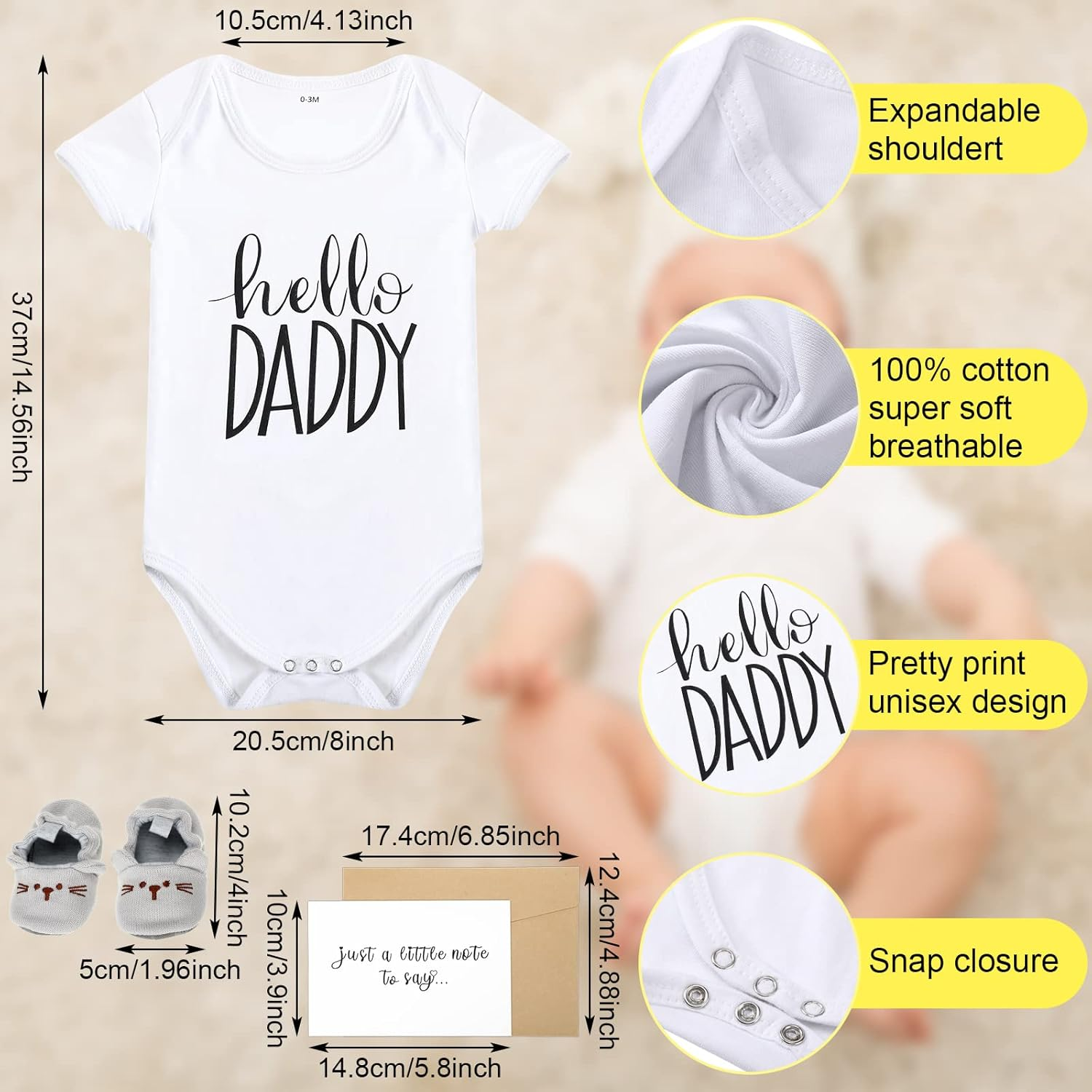 Jiuguva Surprise Pregnancy Announcements for Dad Test Keepsake Box Wooden Baby Announcement Hello Daddy Bodysuit Shoes Reveal Card Envelope Gift Sets Husband Partner image number 2