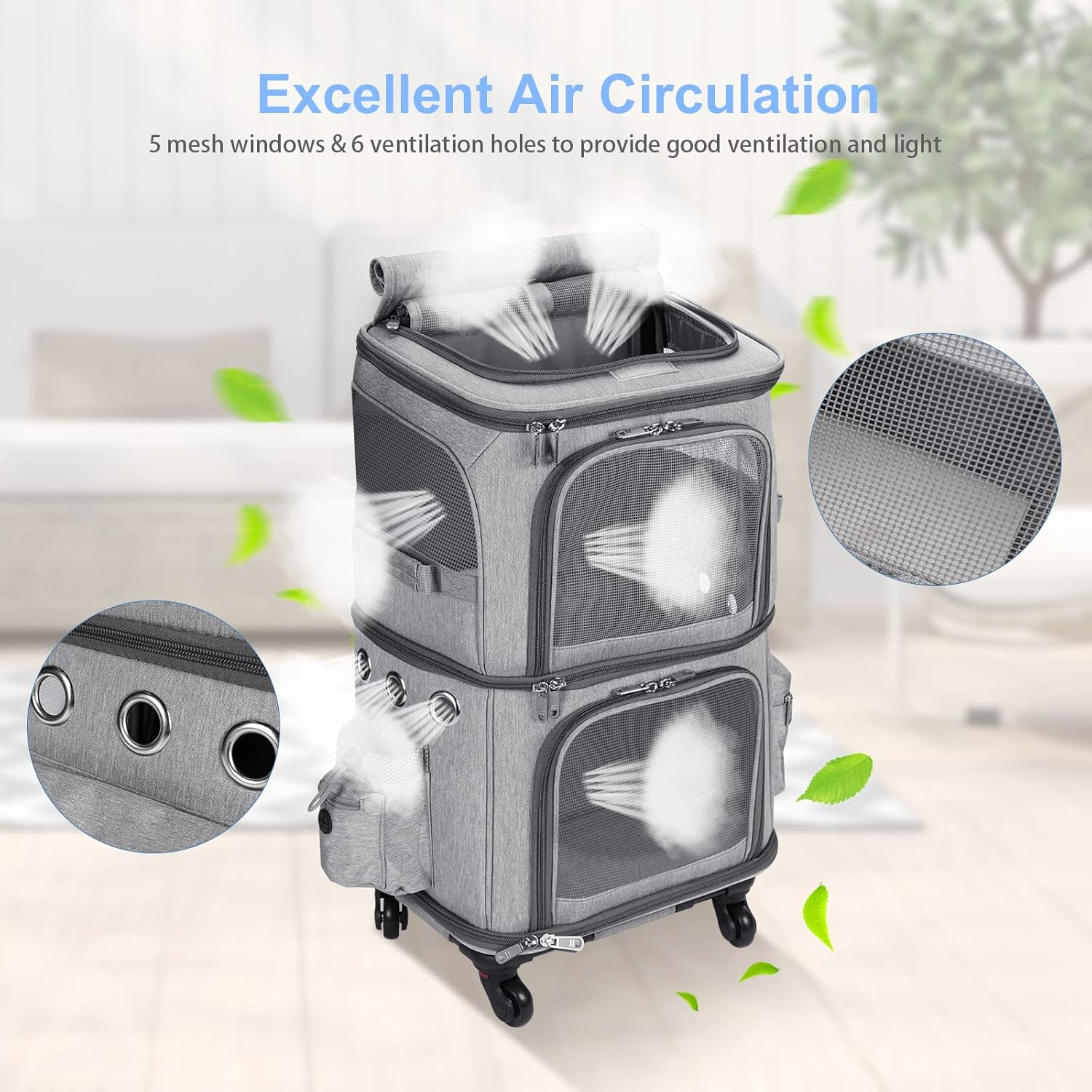 HOVONO Double-Compartment Pet Carrier Backpack with Wheels for Small Cats and Dogs, Cat Rolling Carrier for 2 Cats, Perfect for Traveling/Taking a Walk/Trips to the Vet, Grey - Grey image number 4