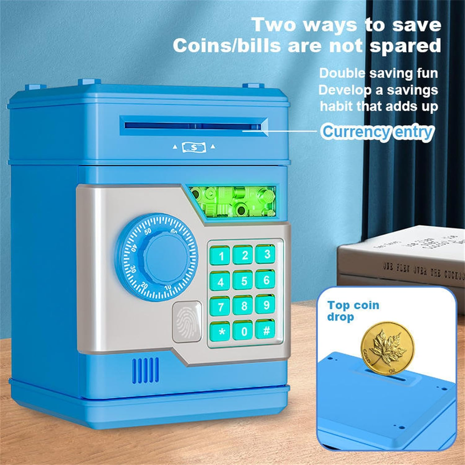 Electronic Piggy Bank for Kids, ATM Money Bank with Password Lock & Auto Cash Roll, Educational Mini ATM Saving Box, for Boys Girls Ages 5-12 Gifts (Blue) - Black image number 2