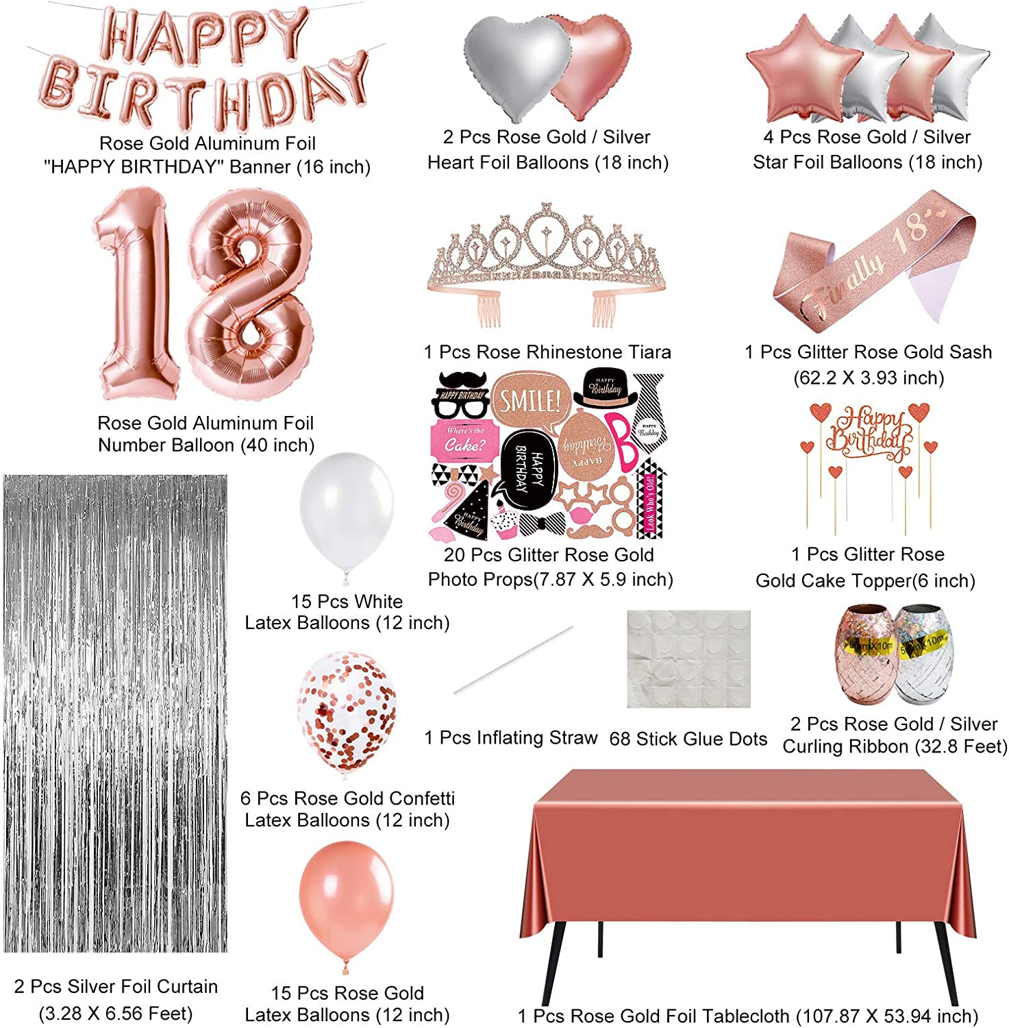 Rose Gold 18Th Birthday Party Decorations for Girls, Supplies Including Happy Birthday Balloons, Fringe Curtain, Tablecloth, Photo Props, Foil Balloons, Sash and Tiara image number 5