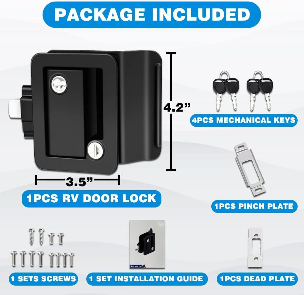 RV Murts RV Door Lock Replacement with Paddle Deadbolt, 100% Mental Camper Door Latch, Zinc Alloy Travel Trailer Entry Door Locks, RV Door Latch 4 Keys, Camper Door Lock Kits, RV Door Handle, Black. image number 4