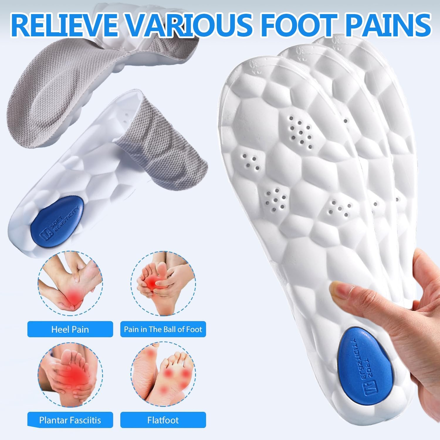 Sport Insoles Ultra-Soft Latex Insoles for Men & Women - High Elasticity, Shock Absorption, Sweat-Absorbing, Thickened Comfort for Running Training Hiking Orthotic Comfort Insoles for Sneakers L(EU 43-44) image number 2