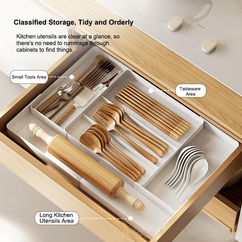 Expandable Kitchen Drawer Organizer Adjustable Utensil Tray Flatware Tray Cutlery Drawer Organiser for Forks Spoons Knife Organizer (Large, White) image number 6