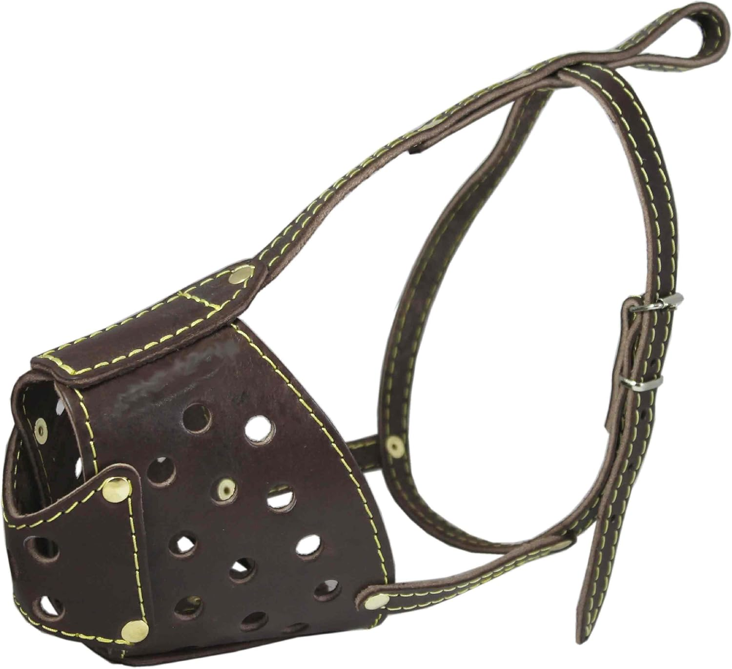 Real Leather Cage Basket Secure Dog Muzzle Brown - Pit Bull, (Circumference 13", Snout Length 3.5") image number 1