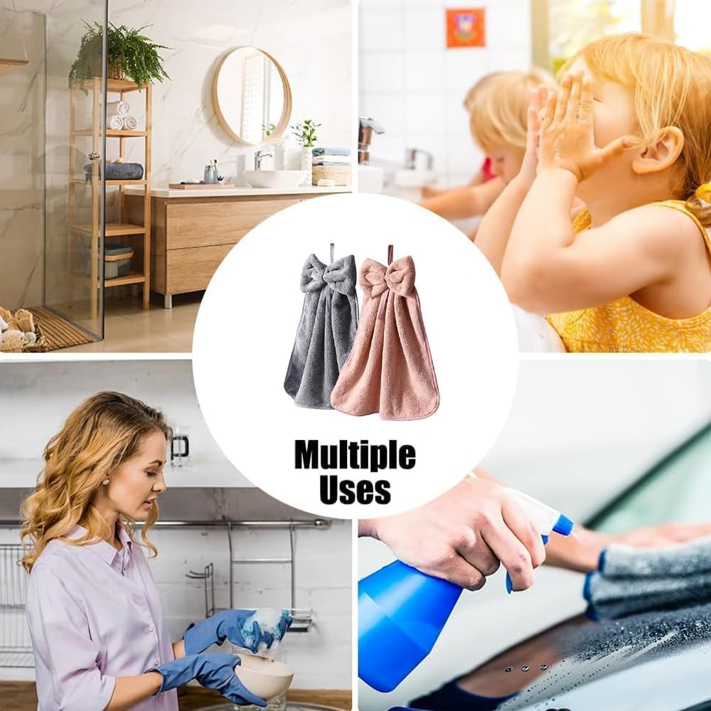 4Pcs Bowknot Hanging Hand Dry Towels,Microfiber Coral Velvet Hanging,Absorbent Super Soft Cute Towels for Kitchen Bathroom image number 5