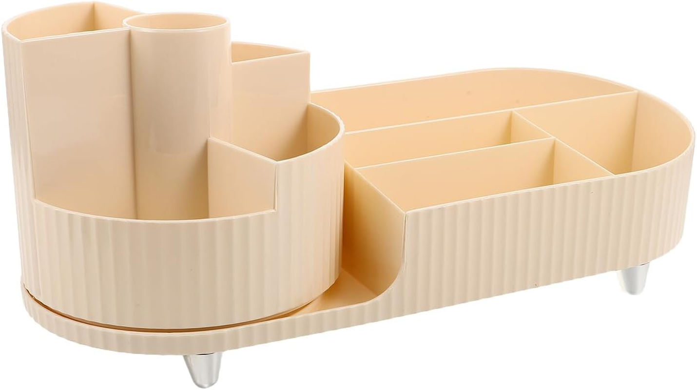 Vaguelly Rotating Desktop Makeup Storage Box 2Pcs in Cream White, Skincare and Cosmetic Organizer with Turntable Carousel for Vanity Countertop and Bathroom Use image number 6