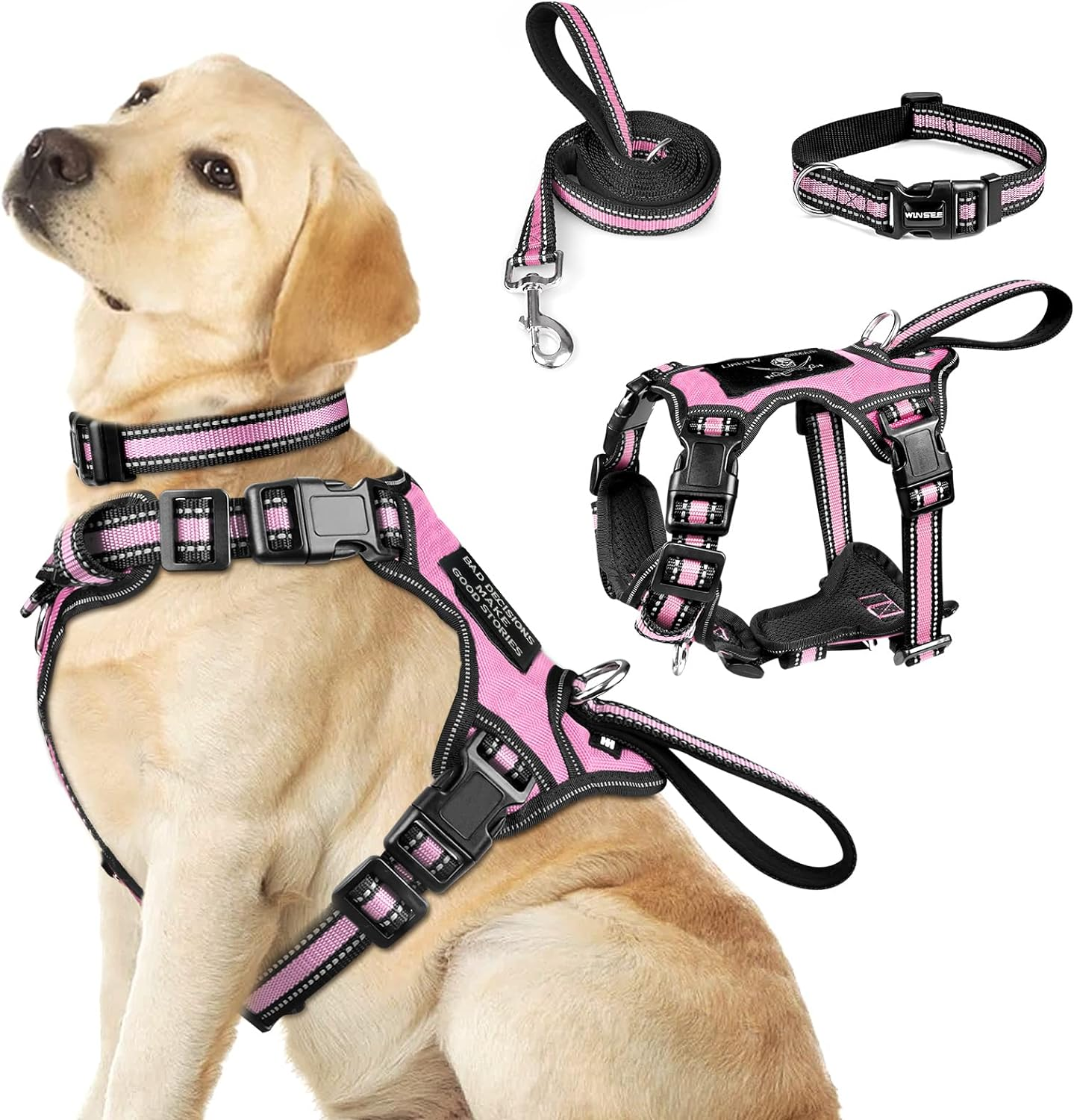 WINSEE Pet Harness Collar and Leash Set, All-In-One Reflective Dog Harness No Pull with Adjustable Buckles for Puppies, Small, Medium, Large, and Extra-Large Dogs (Large, Pink)