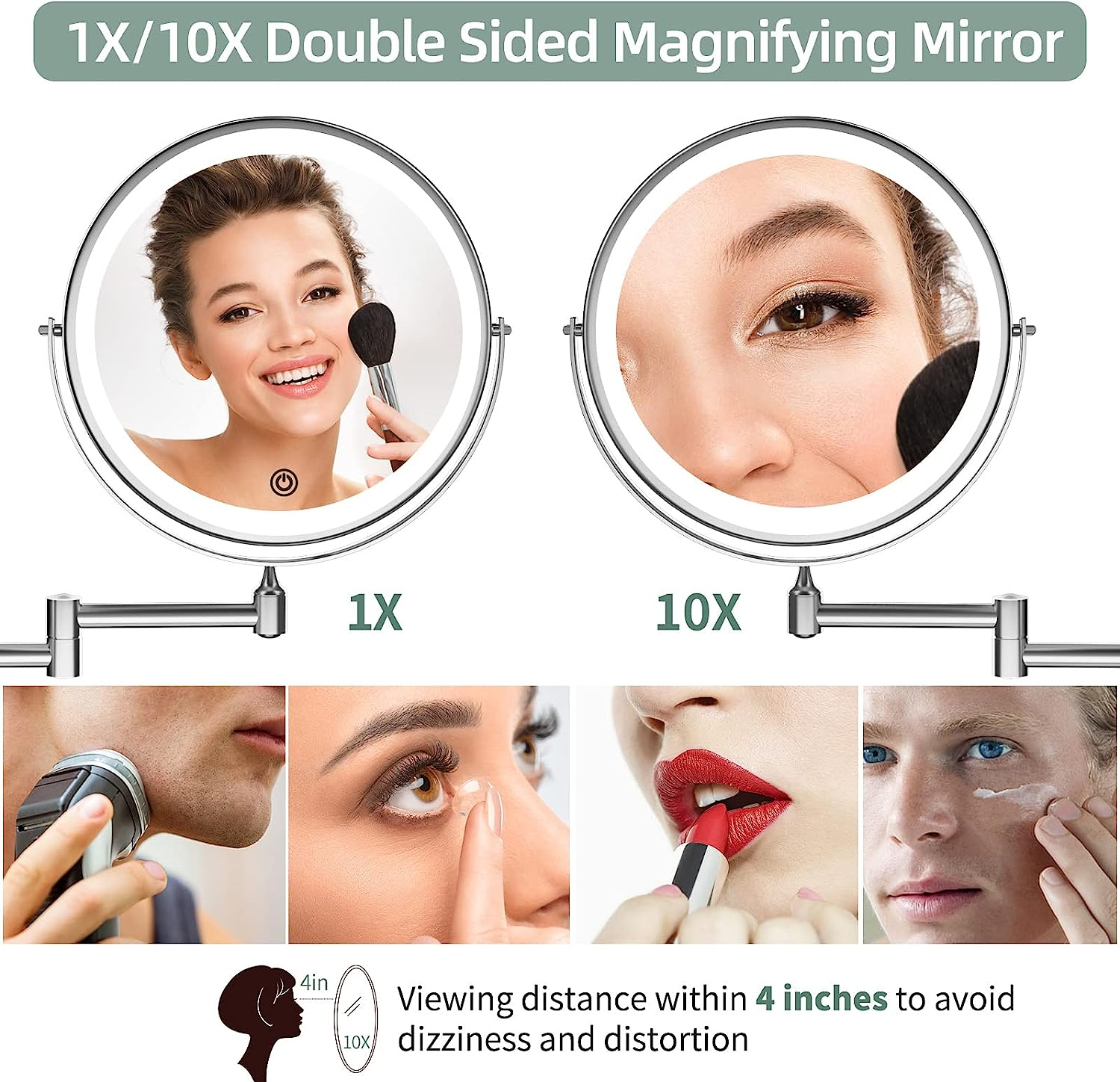 Rechargeable Wall Mounted Lighted Makeup Vanity Mirror 8 Inch 1X/10X Magnifying Bathroom Mirror with 3 Color Lights, Double Sided with Dimmable LED Lights, Extended Arm 360&deg; Swivel Extension Mirror - Siliver With 7X Magnification image number 2