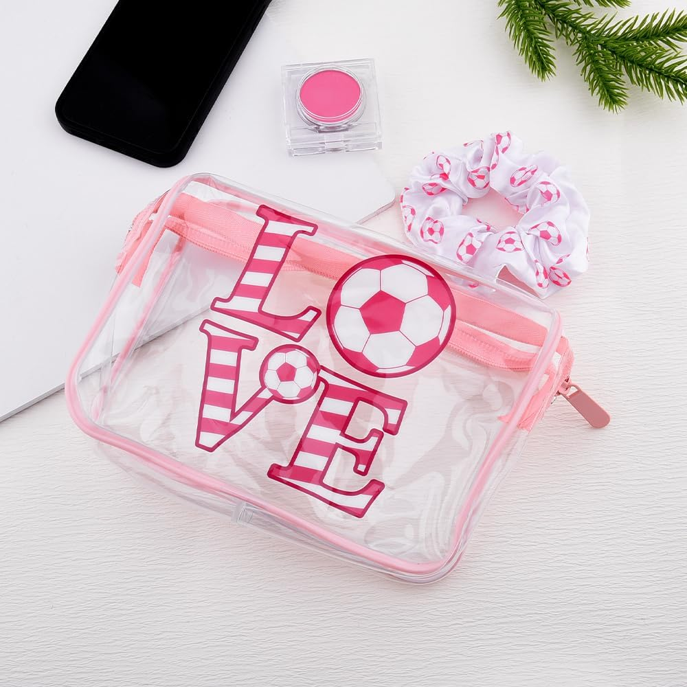 Pink Soccer Gifts Women Girls Pink Soccer Cosmetic Makeup Bag with Sport Hair Scrunchies PVC Clear Football Cosmetic Bags for Coach Players Team Christmas Party image number 1