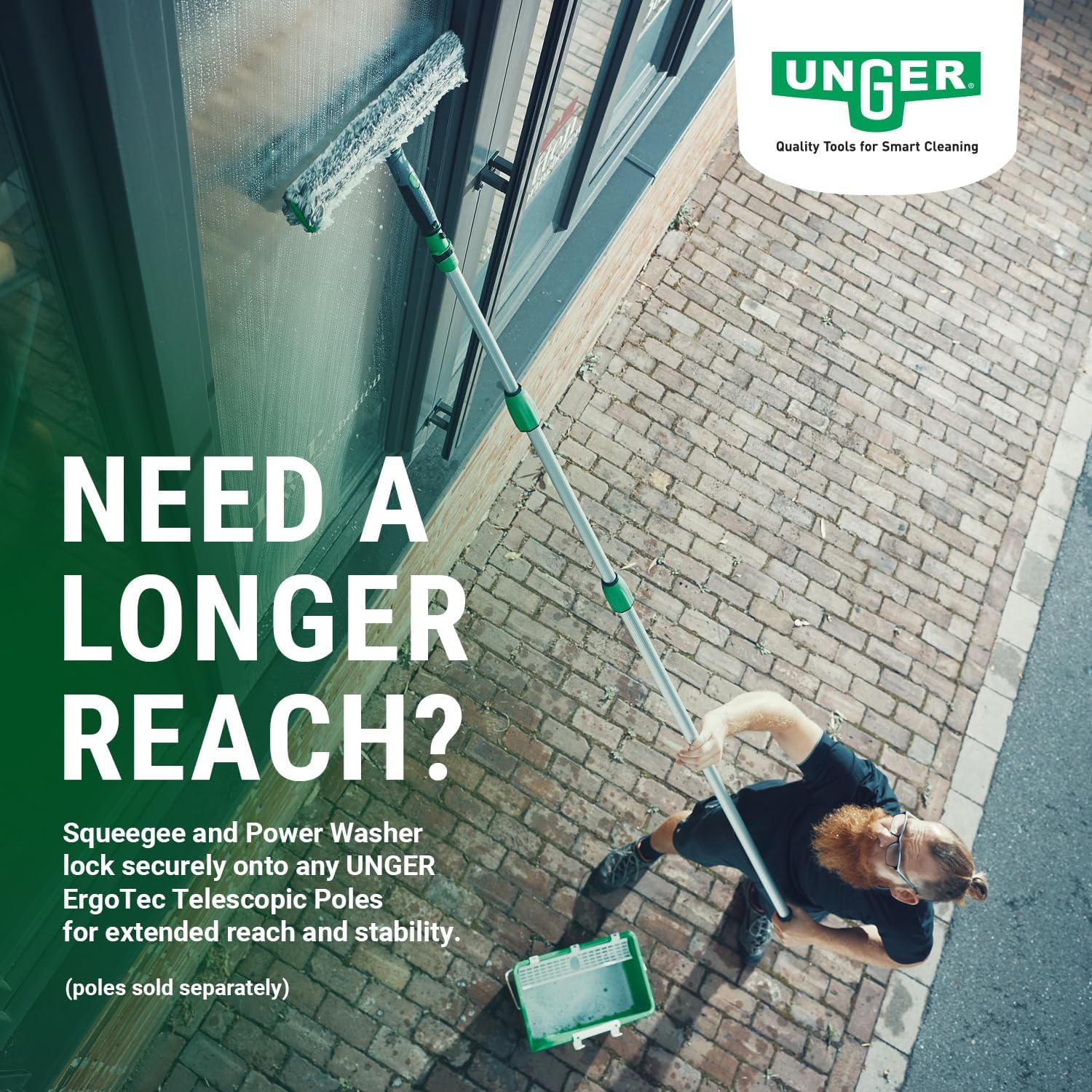 UNGER AK013 Window Cleaning Kit 3-In1 Starter Set - Window Squeegee, Microfibre Power Washer with T-Bar Handle, 18L Cleaning Bucket - Professional Window Cleaner Equipment, Green image number 4