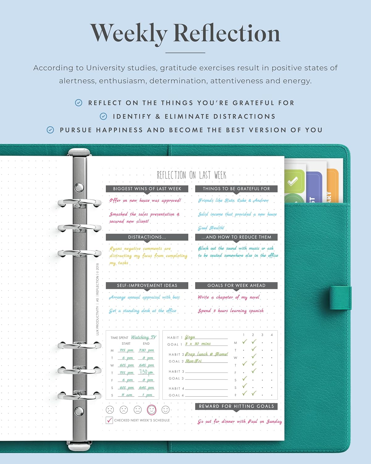 A5 Binder Organizer - Agenda 2023 Daily, Weekly & Monthly Management Undated to Do List & Unisex Business Planner - PU Leather Journal - Goal Setting Gratitude Notebook & Appointment Book by Lux Productivity - Lux Pro A5 Ed.2 Turquoise Ocean - Gray - Fossil image number 7