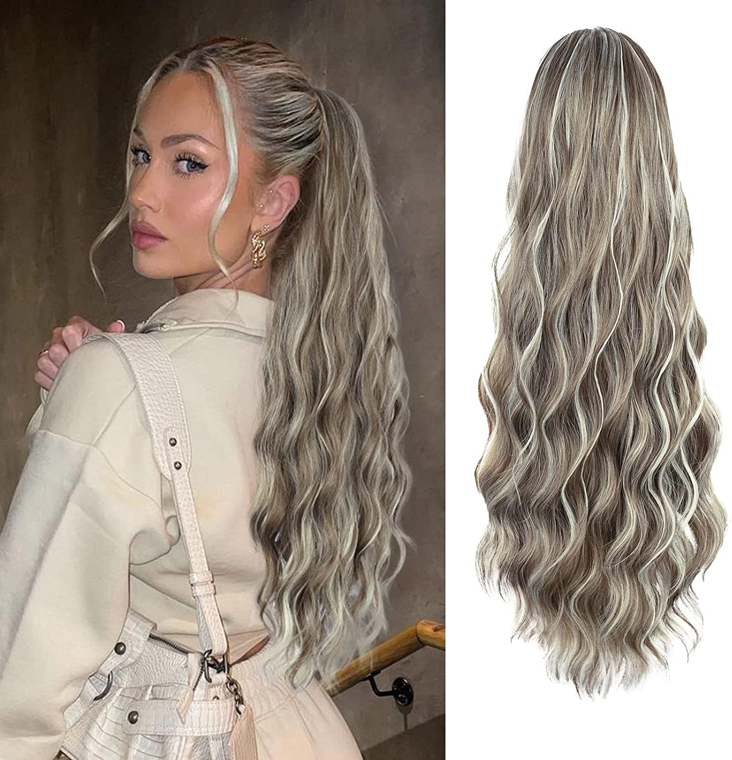 YEESHEDO Ponytail Hairpiece Clip Extensions with Drawstring Long Wavy Black Hair Extensions Natural Wig Afro Curly Ponytail for Braids (1B#)