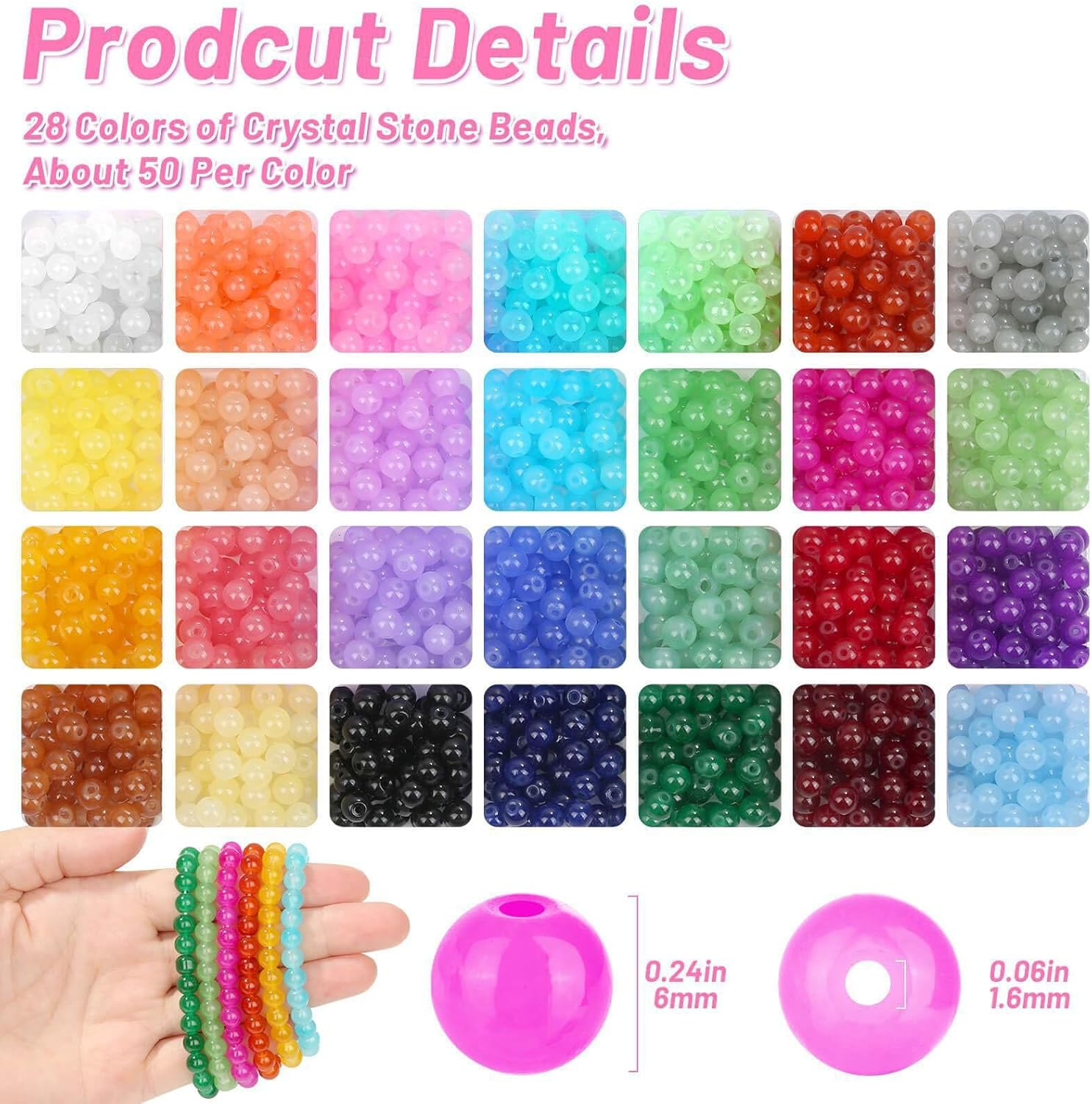 1600Pcs 6Mm Glass Beads Kit with 28 Colors Candy Style for Jewelry Making Bracelet - Perfect Beading Supplies for DIY Jewelry image number 1