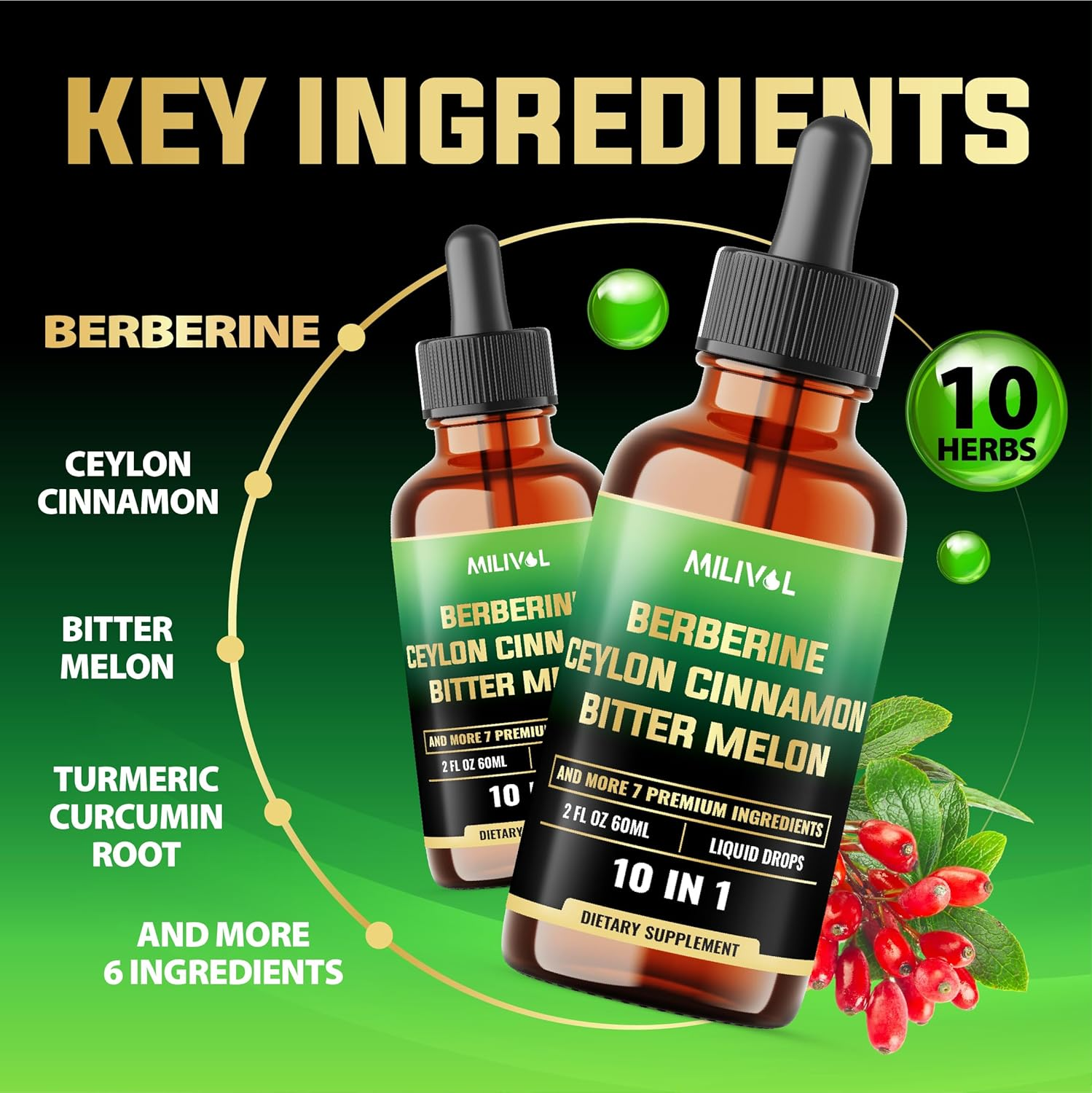 MILIVOL 10In1 Berberine Liquid Drops with Ceylon Cinnamon, Bitter Melon, Turmeric, Ginger, Gymnema, Sylvestre and More - 60 Days Supply - 2FL Oz image number 4