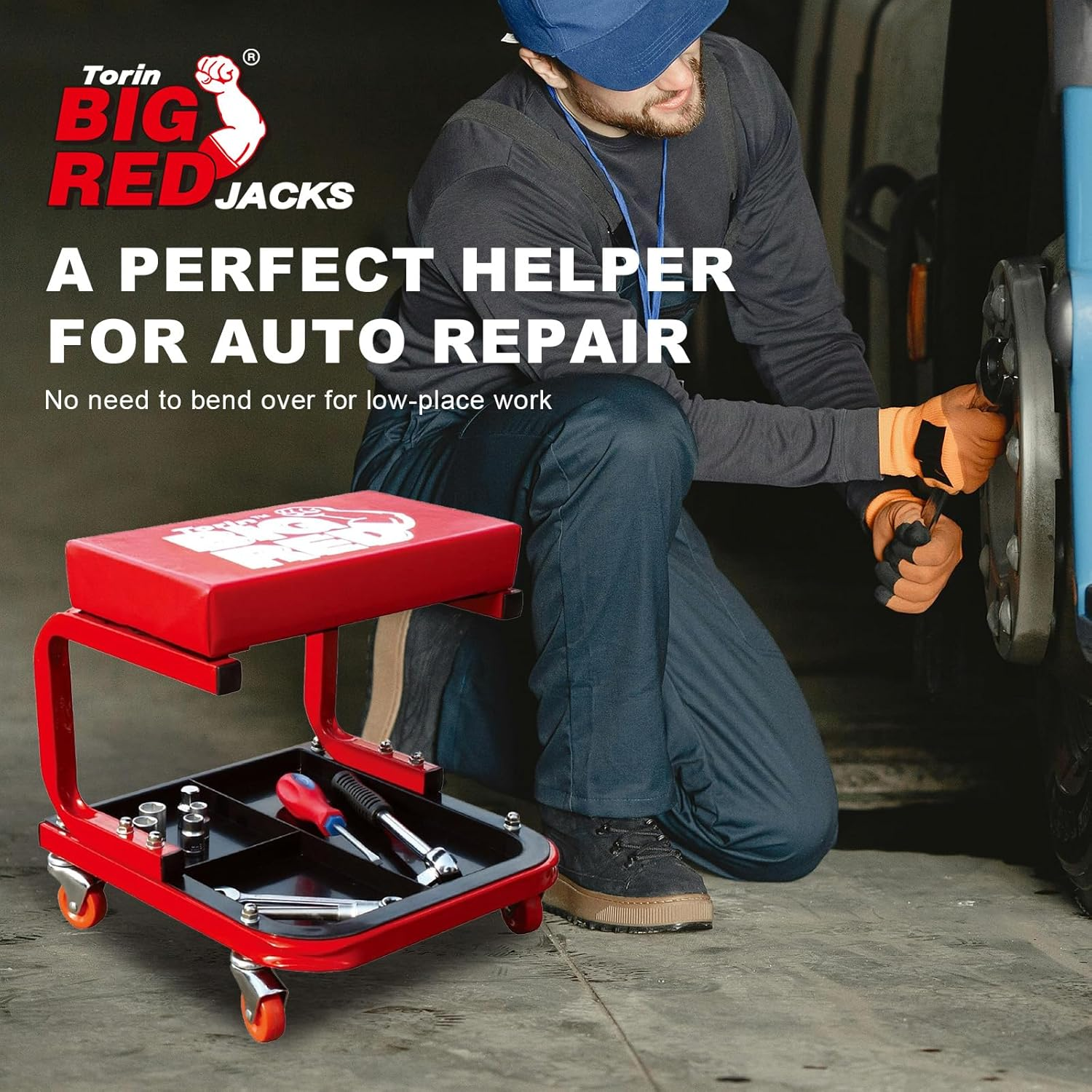 Torin TR6300 Rolling Creeper Garage/Shop Seat: Padded Mechanic Stool with Tool Tray, Red image number 1