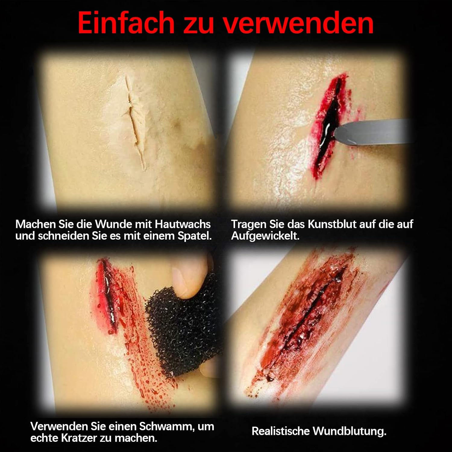 Halloween Make up Set, Artificial Blood, Encrusted Artificial Blood, Skin Wax & 12 Colours Face Painting & Sponge & Brush, for Halloween Parties, Costume Parties, Carnival, Zombie Vampire Wounds, Scars Make-Up image number 3