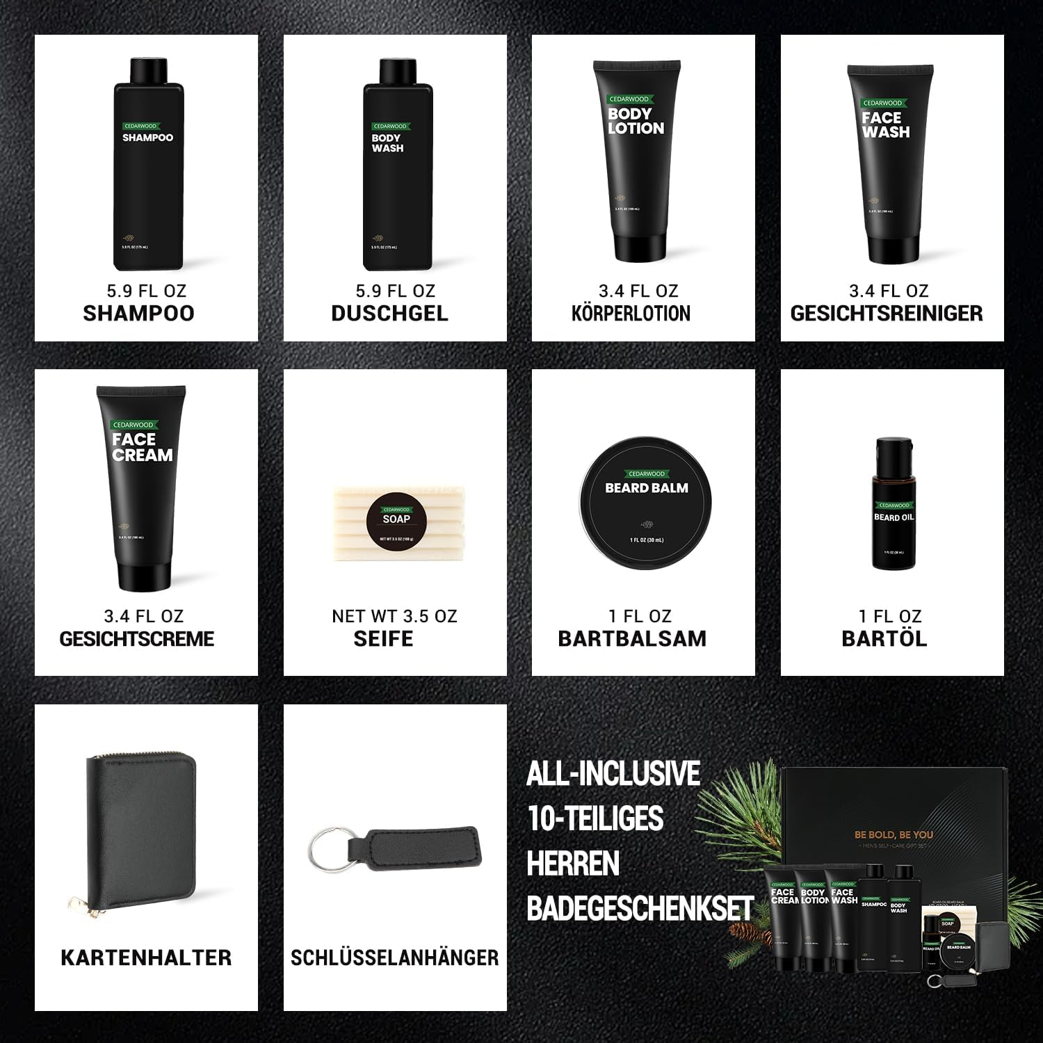 Gift Sets for Men, 10 Pcs Cedarwood Beard Grooming Kit with Bath and Body Wash Gift Set, Body Lotion, Beard Oil, Balm & Business Card Case, Christmas Gifts for Men, Holiday, Birthday, Valentine&rsquo;S Day