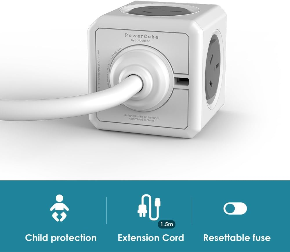 New Allocacoc Powercube 4 Outlets 2 USB Ports Surge Protector 1.5M Extension Cord Wall Adaptor with Safety Resettable Fuse Green Color 5400/AUEUPC/GREEN image number 2