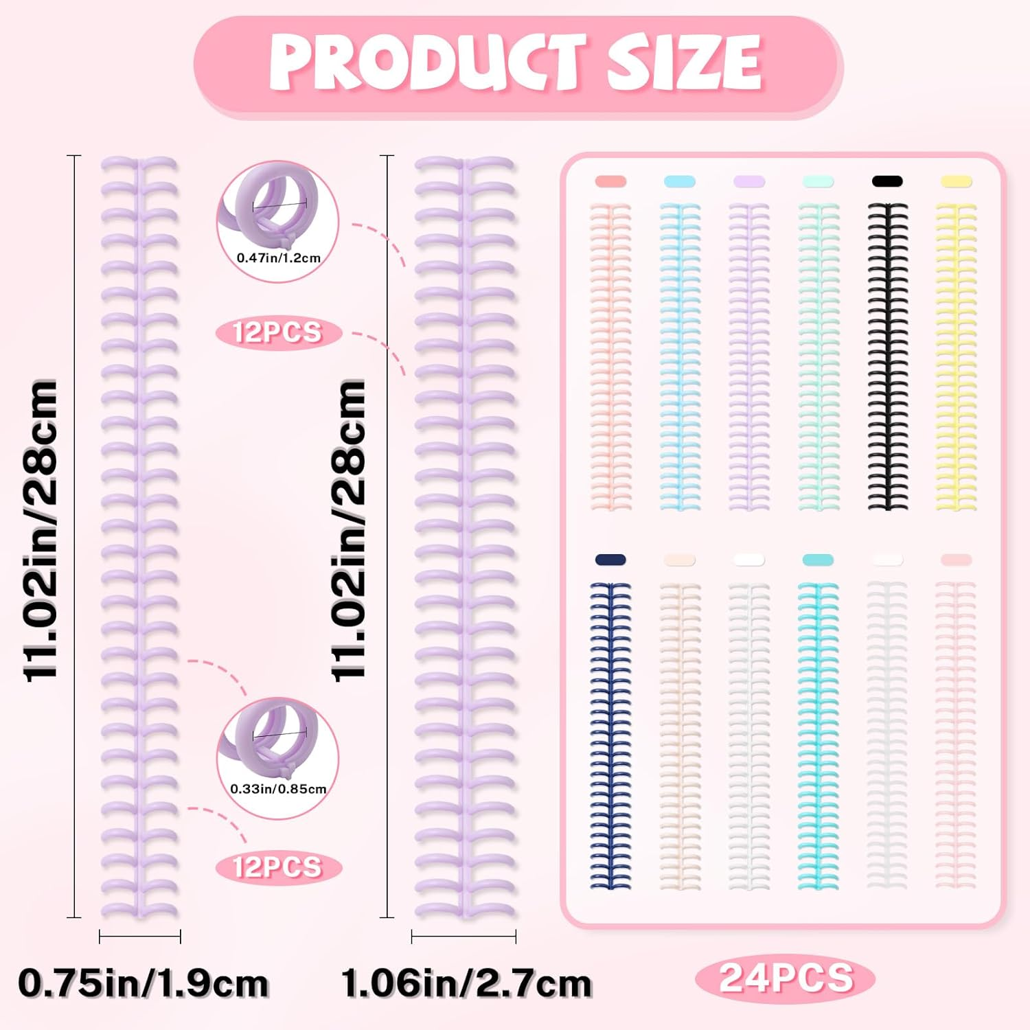 24 PCS Colorful Plastic Comb Binding Spines, 30 Rings Spiral Binding Coils, 2 Sizes Binding Rings for Teacher Student Business Notebook File Making (Multicolor) image number 2