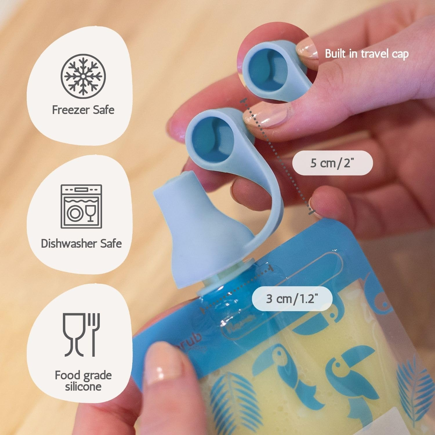 Cherub Baby Silicone Reusable Baby Food Pouch Topper Attachment Soft Non-Spill Spouts 2PK with Travel Case - Cerulean/Sage image number 2