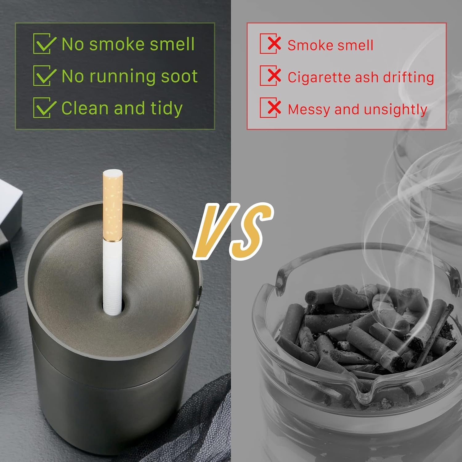 Black Car Ashtray,Cigarette Ashtray with Lid Suit for Most Car Cup Holder,Extinguished Unbreakable Stainless Steel Ashtray for Car Home Office Outdoor Use image number 1