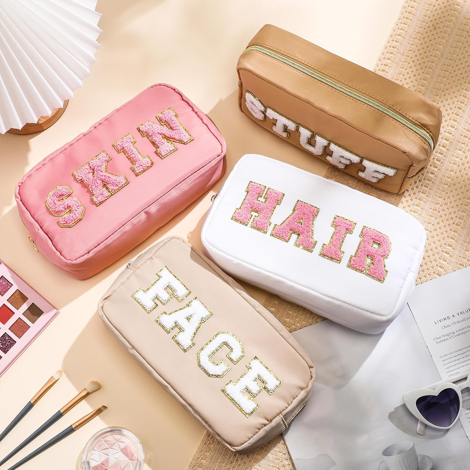 Remerry 4 Pcs Nylon Cosmetic Bag Travel Organizer Chenille Letter Makeup Pouch Zipper Preppy Waterproof Hair Bag Toiletry Pouch for Women Girls(Light Brown, Beige, Light Pink, White) - Colorful image number 6