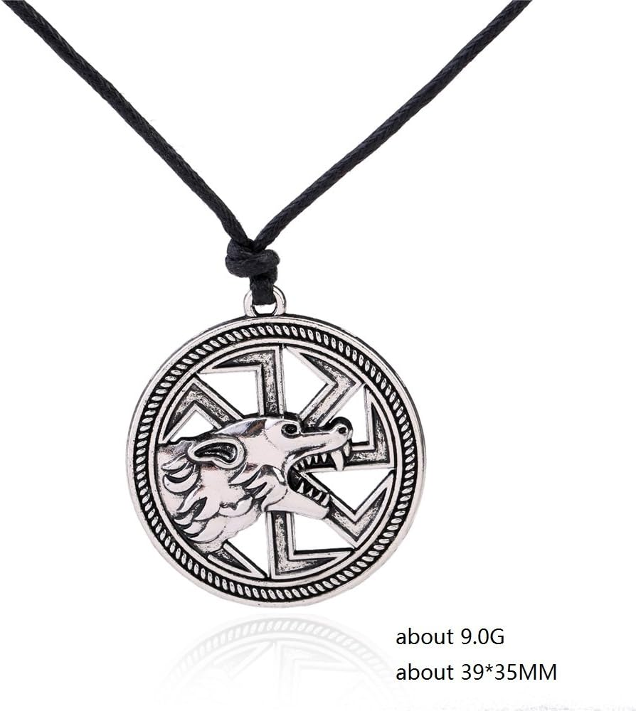 (Antique Silver) - Wicca Vintage Bold Punk Wild Animal Wolf Head Sun Wheel Runes Amulet Pattern Necklace image number 2