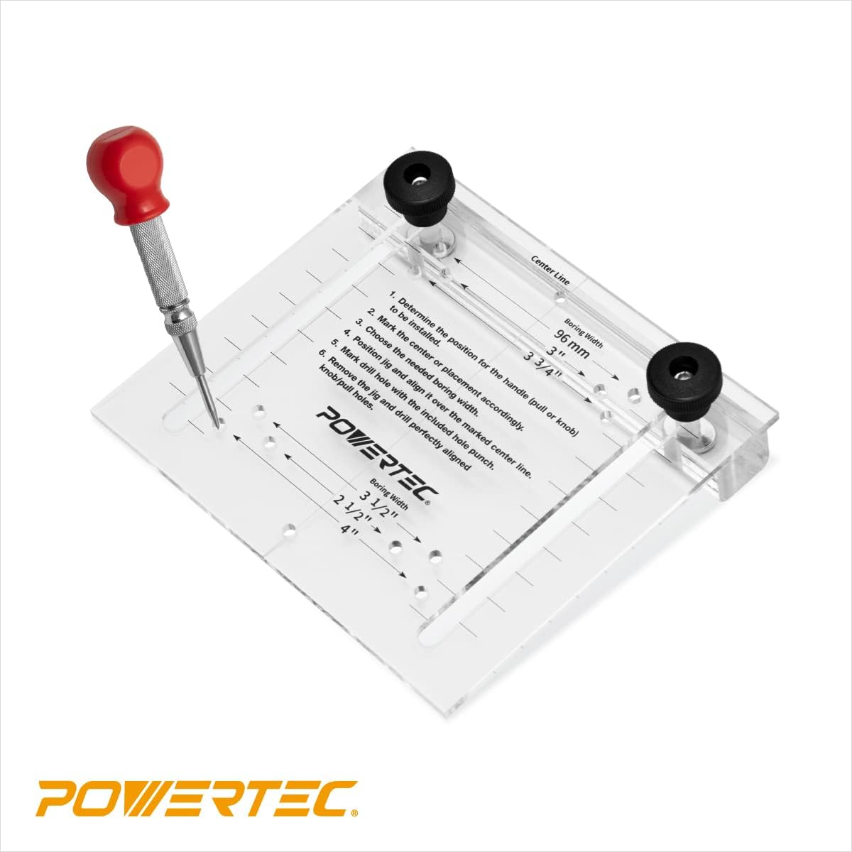 POWERTEC 71412 Cabinet Hardware Jig, Cabinet Hardware Template Tool and Center Punch, Drawer Pull Jig for Handles and Pulls