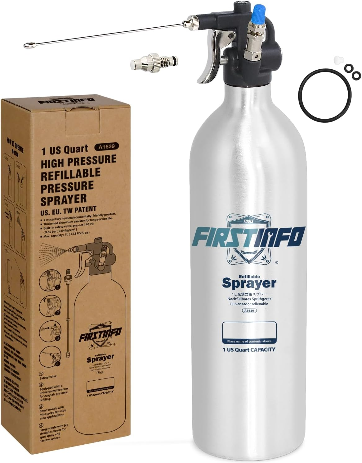 FIRSTINFO A1639 Patented 1000Ml Aluminum Canister Aerosol Refillable Spray Can | Pneumatic Compressed Air Sprayer | Max. Pressure 140 Psi | Short Nozzle with Mist Spray and Long Nozzle with Jet Stream image number 3
