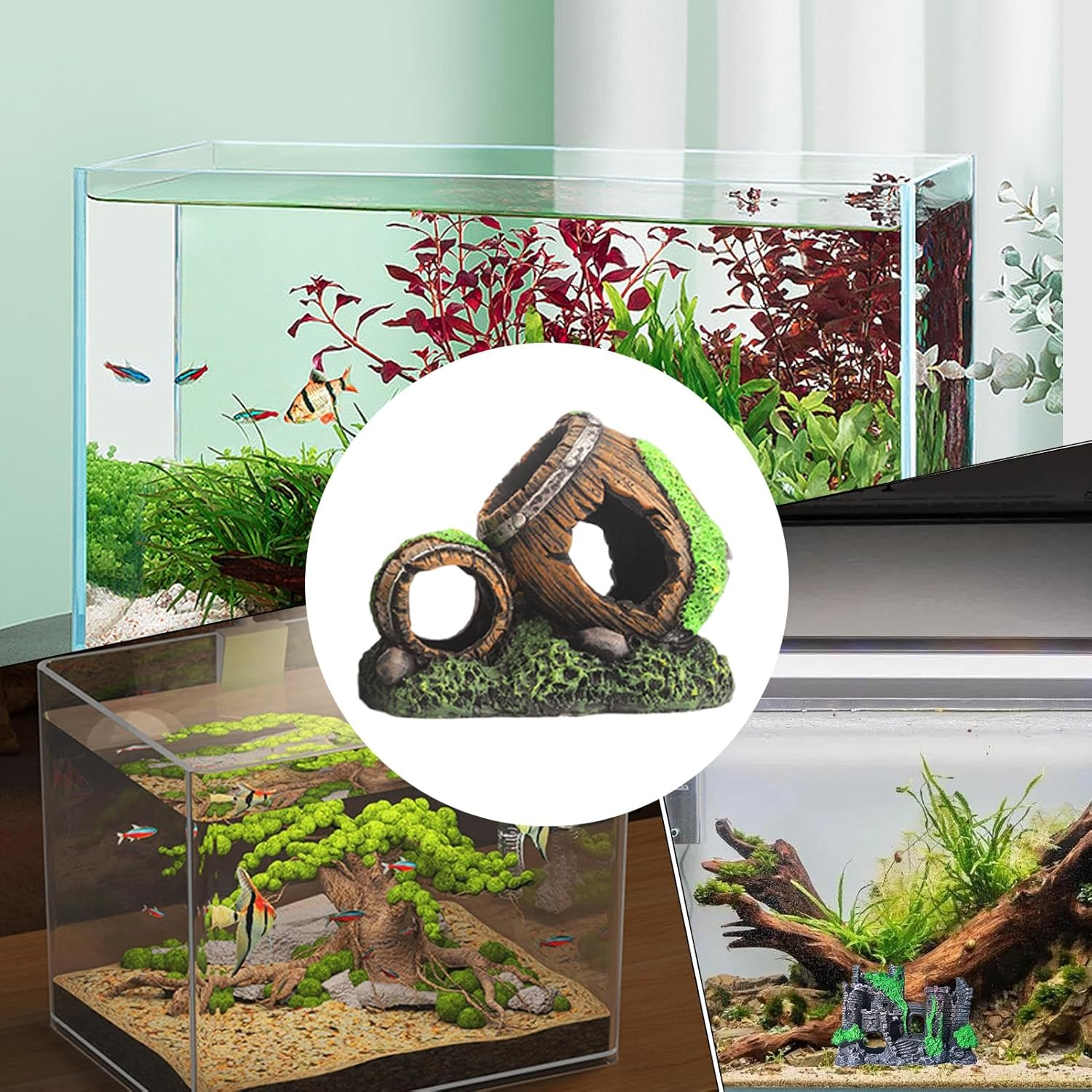 Fish Tank Cave | Hollow Wine Barrel Habitat Decorations - Shrimp Cave | for Pet Store Workplace Saltwater Display Home Freshwater Terrarium image number 3