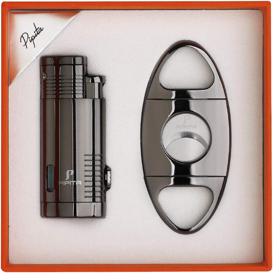 PIPITA Torch Cigar Lighter Gift Set,Windproof Triple Jet Flame Torch Lighter with Punch and Cigar Cutter Set, Refillable Buntane Gas Lighters (Without Gas)