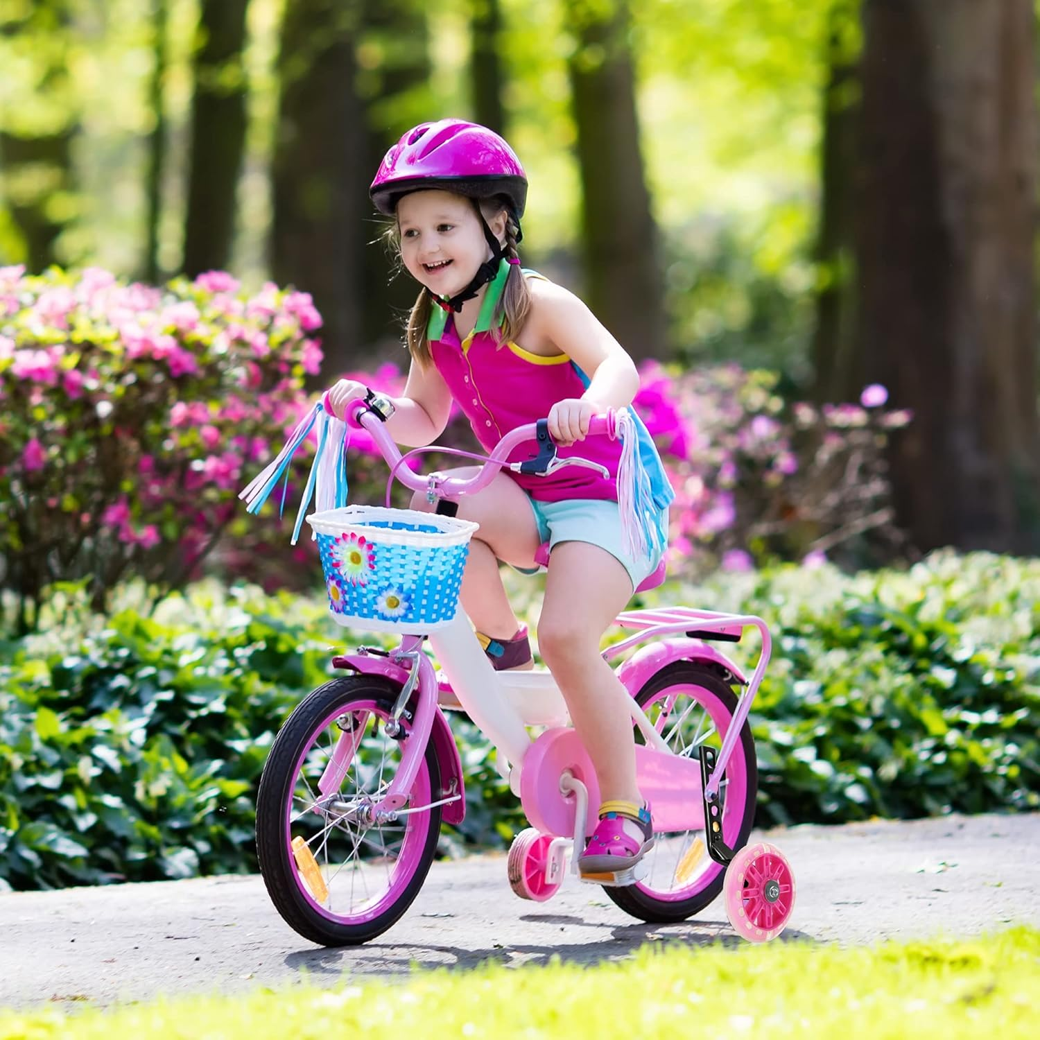 Kids Bike Stabilisers for Childs Bike Support Bike Wheels 12 14 16 18 20 Inch, Bicycle Training Wheels Mute Flash Wheels with Adjustable Bicycle Stabiliser Mounted Kit - Pink image number 5