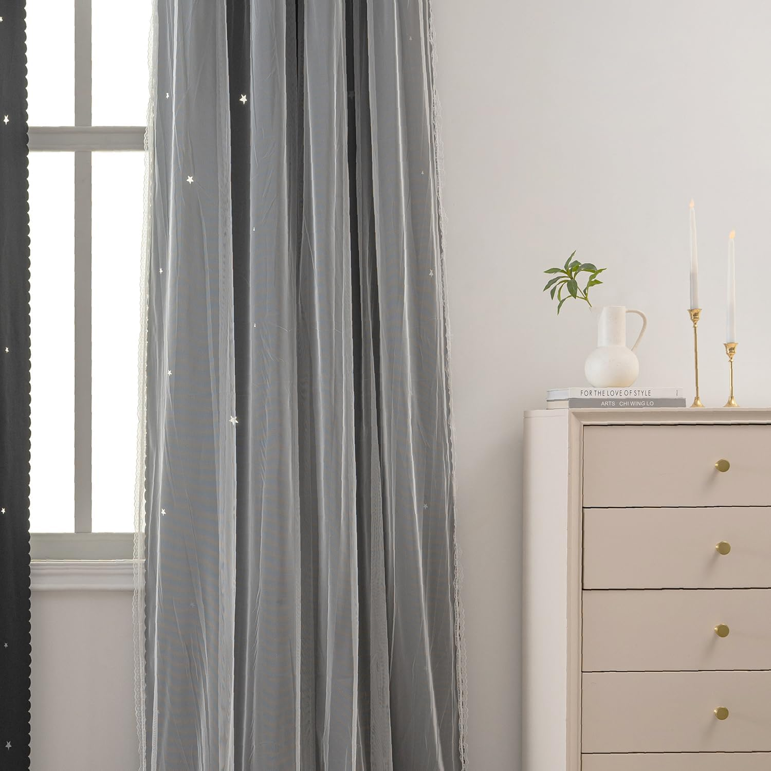 Yancorp Black Curtains for Bedroom Living Room Thermal Insulated Kids Curtain Hollow-Out Star Window Nursery Curtain 63 Inches Length Room Darkening Grommet(Black,52 * 63),1 Panel image number 5