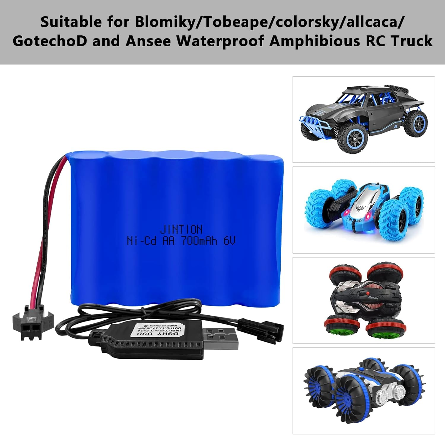2 Pack 6.0V 700Mah Ni-Cd AA Rechargeable Battery Pack SM2P Plug and 2 USB Charger Cable Fit for RC Truck 29Cm Amphibious Stunt RC Cars Vehicles 6V 700Mah and USB 2 image number 6