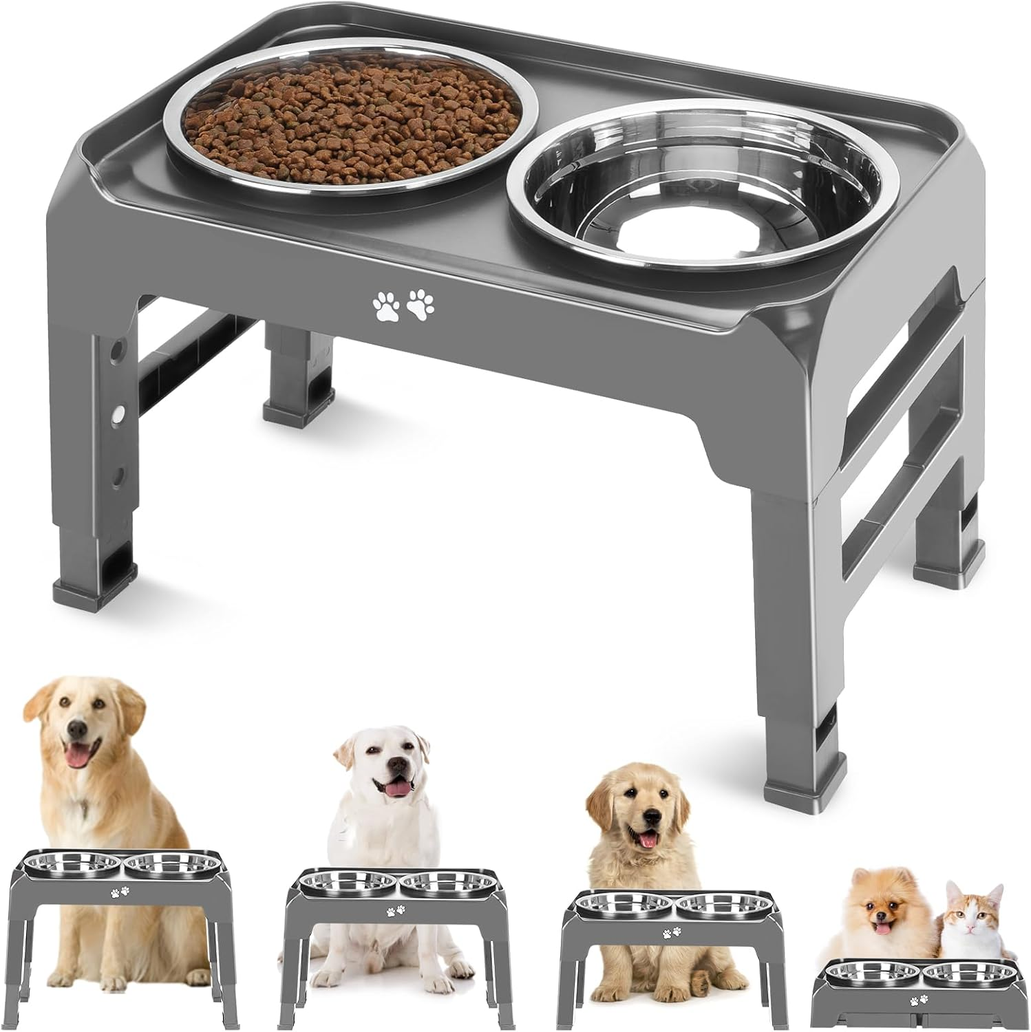 Elevated Dog Bowls, 4 Height Adjustable Raised Dog Bowl Stand with 2 Thick 50Oz Stainless Steel Dog Food Bowls Non-Slip Dog Feeder for Medium Large Dogs Adjusts to 3.7", 9.2", 10.75", 12.36" Black