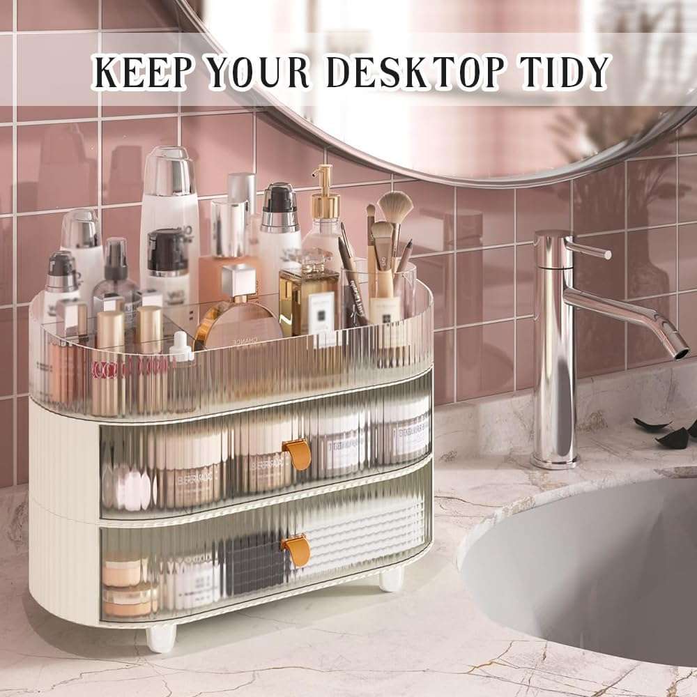 Makeup Organizer with 3 Drawers, Sleek and Compact, Large Capacity Skincare Organizer for Skincare, Face Creams, Perfumes, Lipsticks Dresser, Ideal for Bedroom and Bathroom Vanity Countertops image number 2