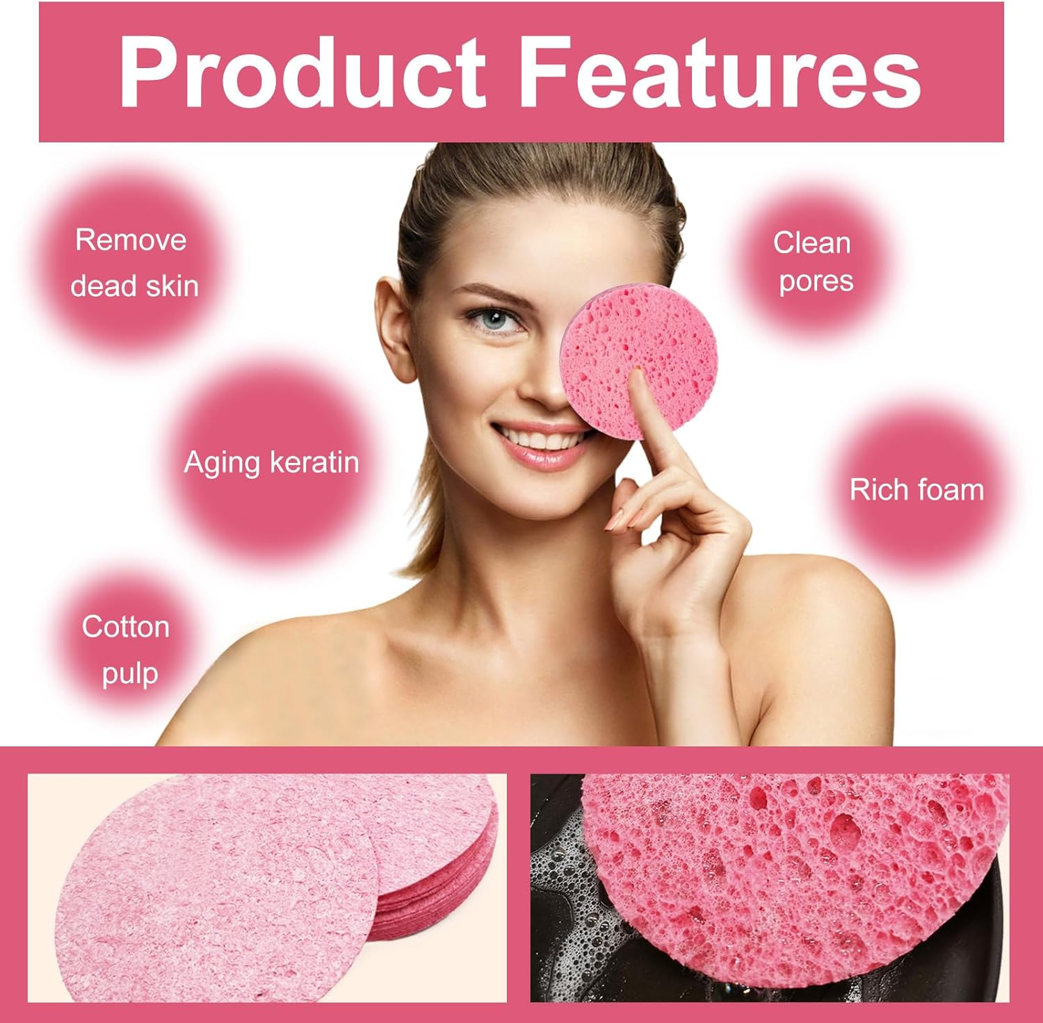 Pack of 60 Compressed Face Sponges, Reusable Makeup Remover Pads, Make-Up Sponge, Cellulose Face Sponges, for Removing Make-Up, Cleansing and Exfoliating the Face image number 3
