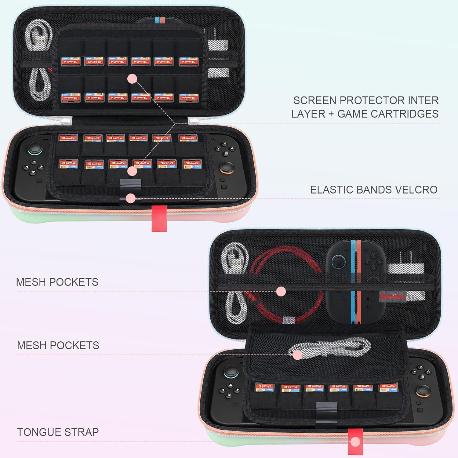 Elonbo Carrying Case for Nintendo Switch 2 (2025), Switch 2 Games Controller Grip Hard Travel Bag, Game Player Organizer Holder, Mesh Pocket Fits Joy-Con Cables Games Cartridges, Pink-Green image number 6