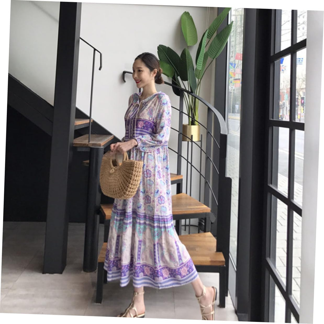 Bohemia Style Maxi Dress for Women Long Sleeve Lapel Elegant Party Wear Dress Casual Daily Workwear Blue image number 3