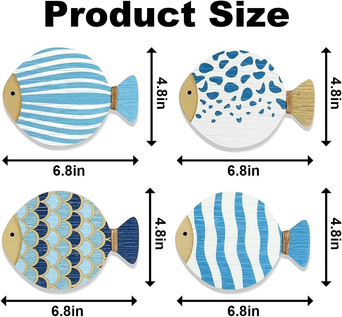 4 Pcs Vintage Beach Wall Decor,Wooden Fish Nautical Wall Art,Coastal Wall Art,Blue Fish Wall,Sculpture Lake House Hanging Decor,Ocean Room Decor for Bathroom Bedroom,Vintage Blue Fish Ornaments image number 2
