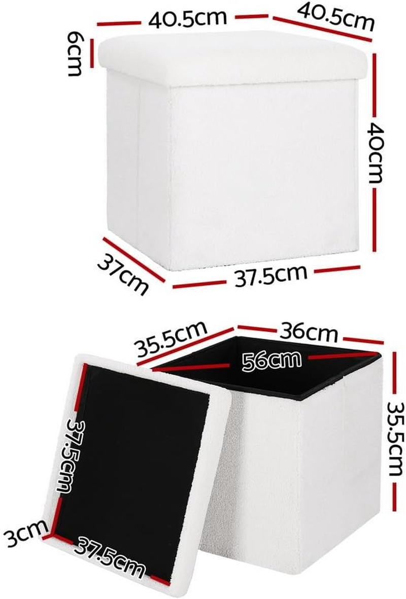 Artiss Storage Ottoman Foot Stool, Folding Lounge Foot Pouf Vanity Stool Make Up, Square Foldable Padded Seat Rest Home Decor Bedroom Hallway Office Living Room Furniture, Teddy Fabric, White image number 6