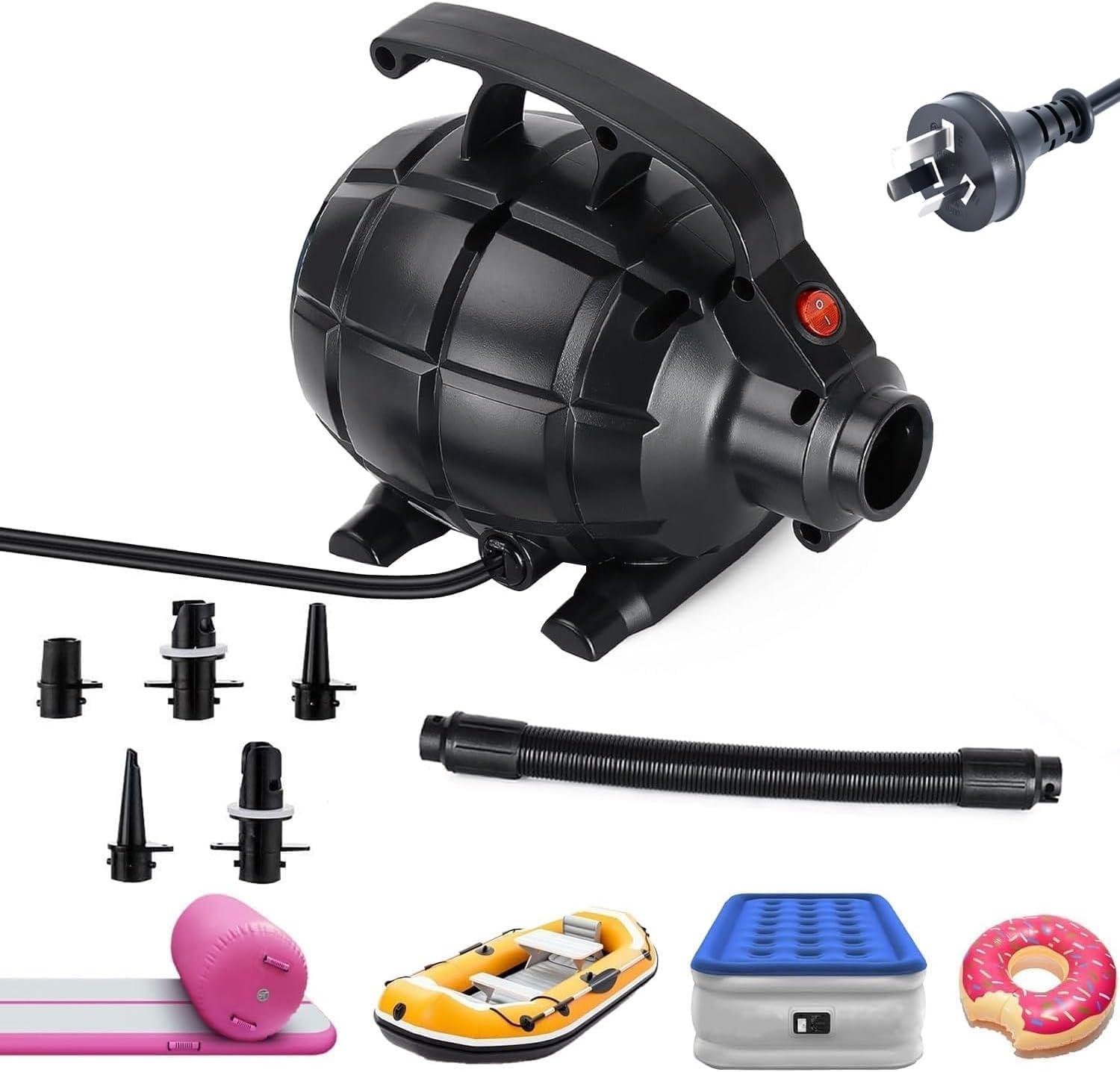 NOAEOU Electric Air Pump for Inflatables, AC (220V-240V), 600W, 20L/Min, Black, 5 Detachable Nozzles, Inflator/Deflator for Air Mattress, Swimming Rings, Airbeds, Rafts, Inflatable Sofas image number 1