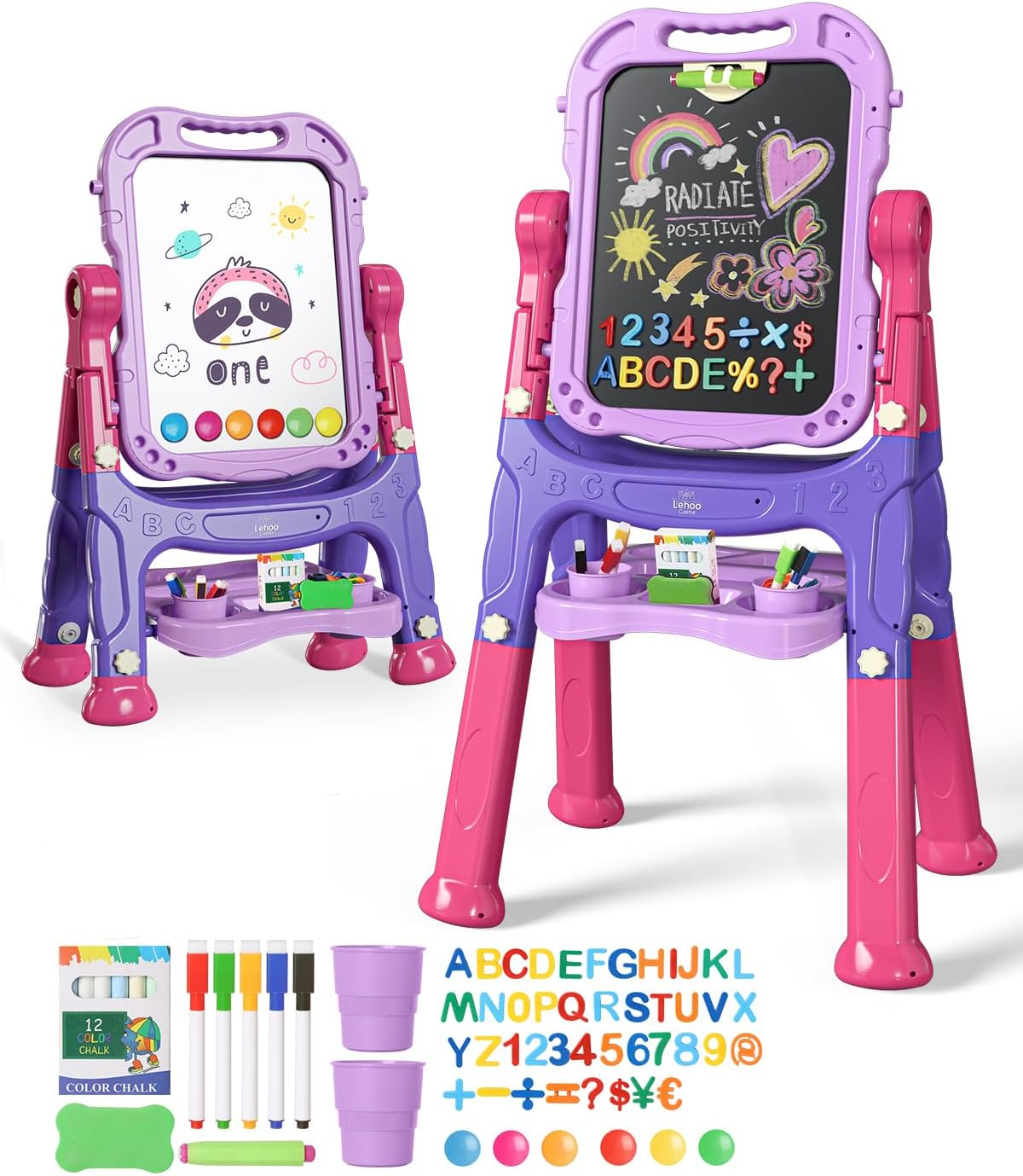 Lehoo Castle 4 in 1 Easel Set for Kids, Kids' Art Easels Height Adjustable, White & Black Board Double Side 360&deg; Rotation, Chalk and Magnet Available with Writing and Drawing Supplies (Purple) image number 4