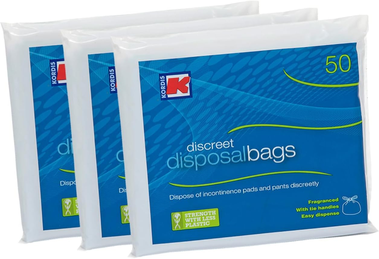 Kordis Large Adult Incontinence Disposal Bags - 3 X 50 Bags. Fragranced Nappy Sacks with Tie Handles - Disposable & Discreet. Hygienic Waste Disposal of Incontinence Pads. 150 Bag Count - 32 X 42Cm image number 1