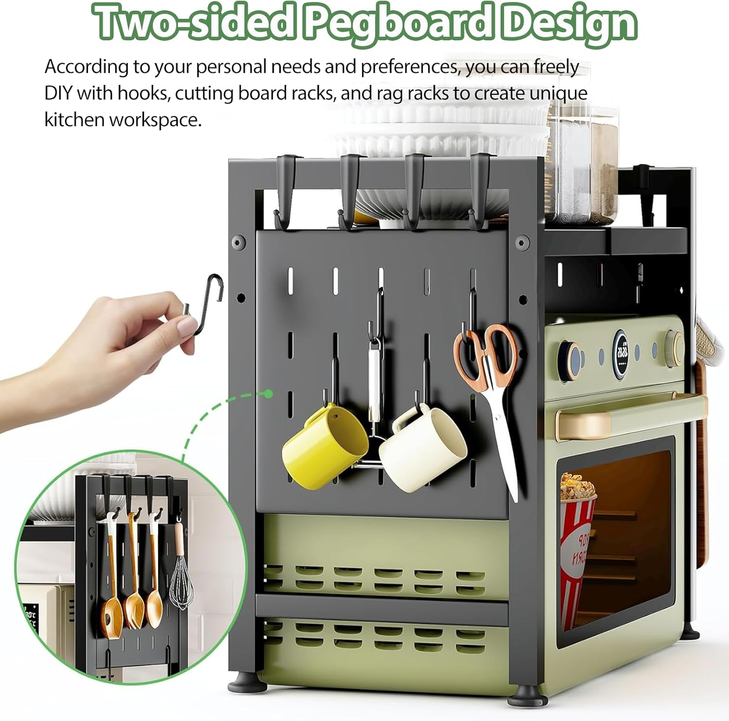 Extendable Microwave Stand, 2-Tier Microwave Shelf with Cutting Boards Stand for Kitchen Storage & Organisation, Heavy Duty Microwave Oven Rack Countertop with 3 Hooks image number 2