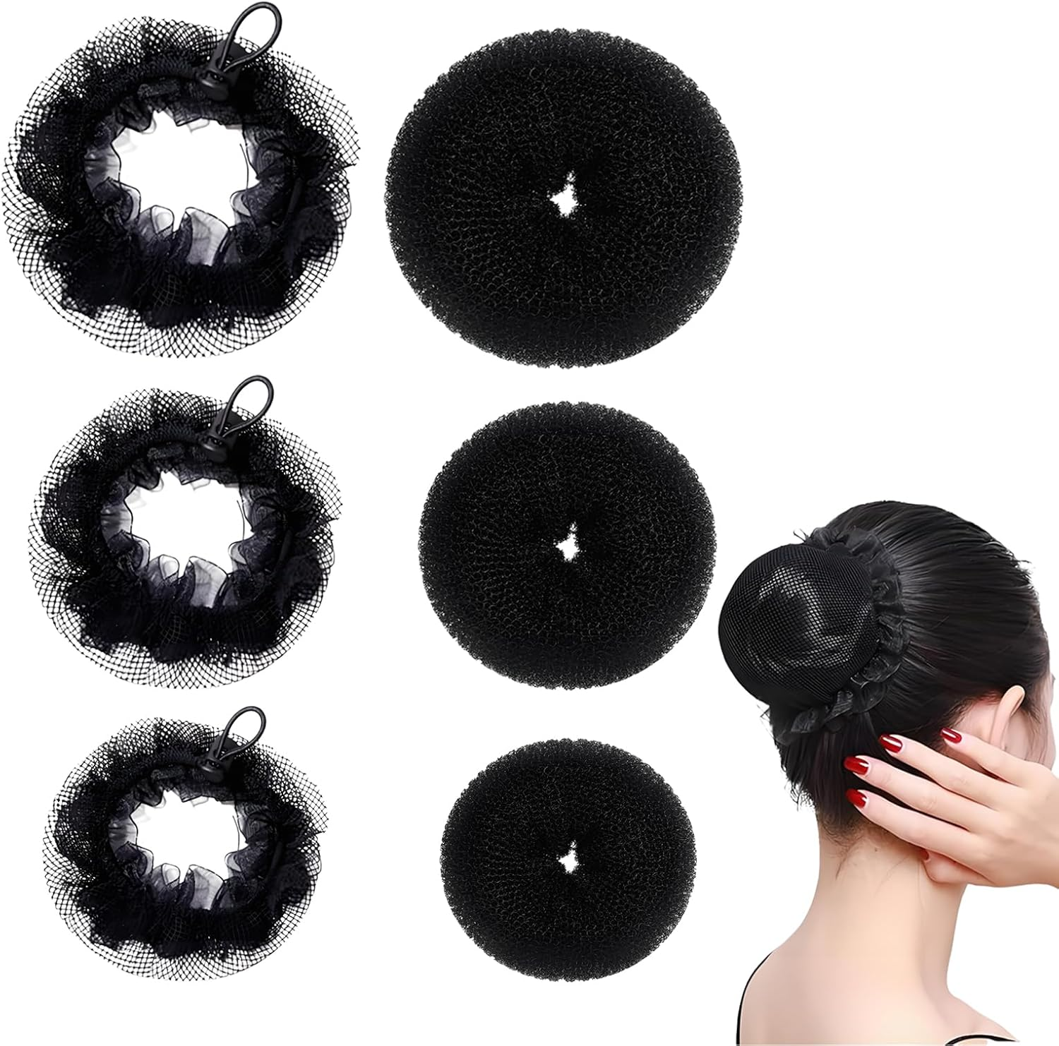 Pack of 6 Hair Net Bun with Bun Cushion, Ballet Hair Net Riding, Elastic Bun Net, Hairstyle Aid Bun Bun Net for Gymnastics, Rhythmic, Sports Gymnastics, Ballet, Figure Skating (Multicoloured 1) image number 1