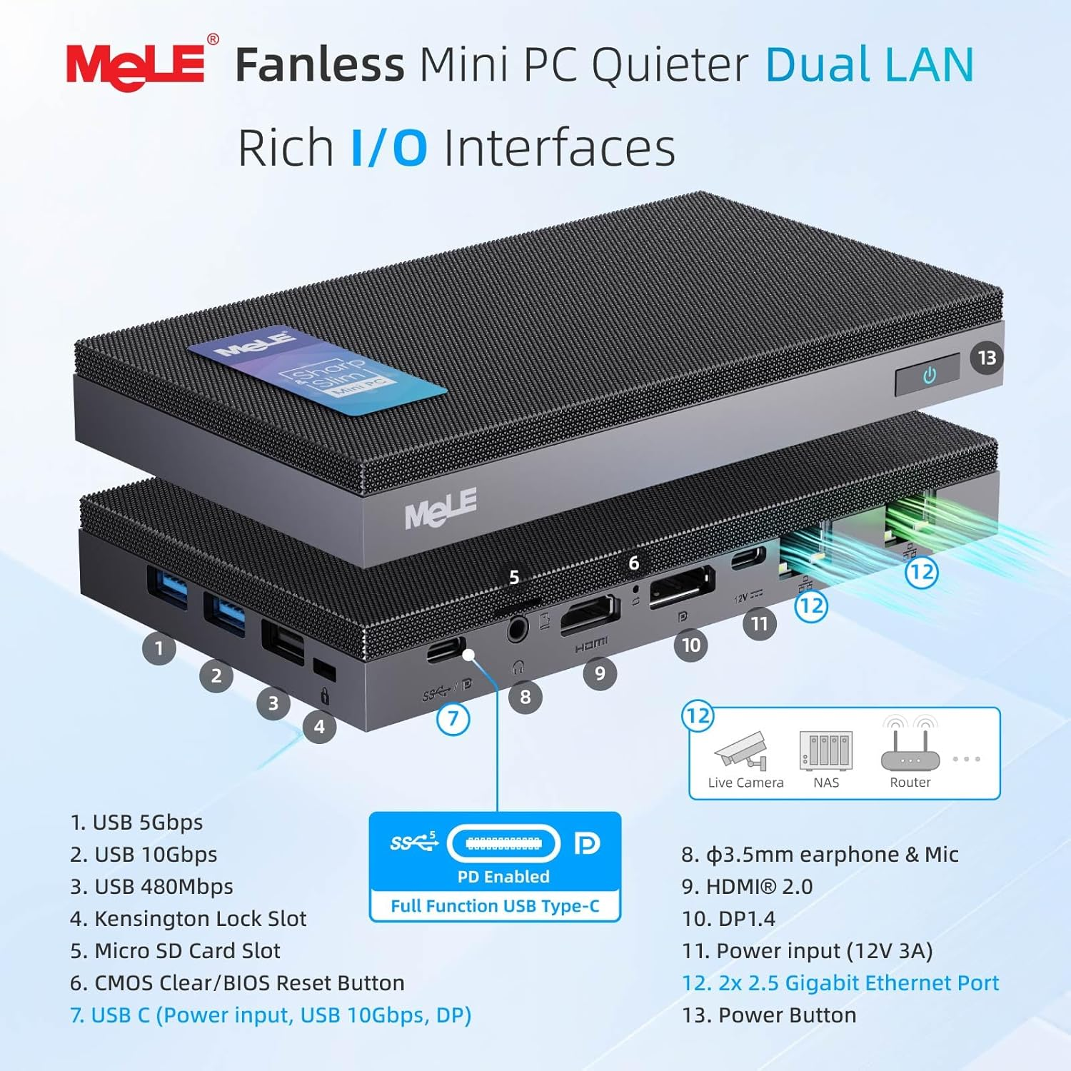 Mele Quieterdl Ultrathin Fanless N100 Mini PC Dual 2.5G LAN 4GB 128GB Micro PC Windows 11 Home HDMI 4K USB-C DP1.4 Triple Display 2.4/5Ghz Wifi BT5.1 Small Desktop Computer on Soft Router, NAS, Iot image number 6