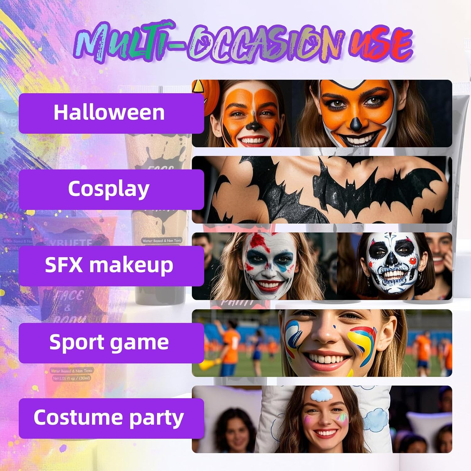 9 Colors Face Body Paint Set, Professional Paint Set for Halloween Cosplay Costume Party, Full-Coverage Multi-Color Cream Makeup Blendable Set for Adults Halloween Cosplay SFX Makeup Paint image number 6